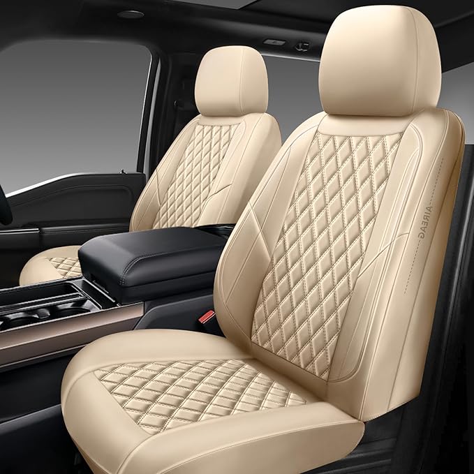 Premium Leather Car Seat Covers Front Pair,Universal Fit for Cars,Trucks&SUVs,Waterproof Car Seat Cushion,Full Coverage Car Seat Protector with 2 Seats,Beige