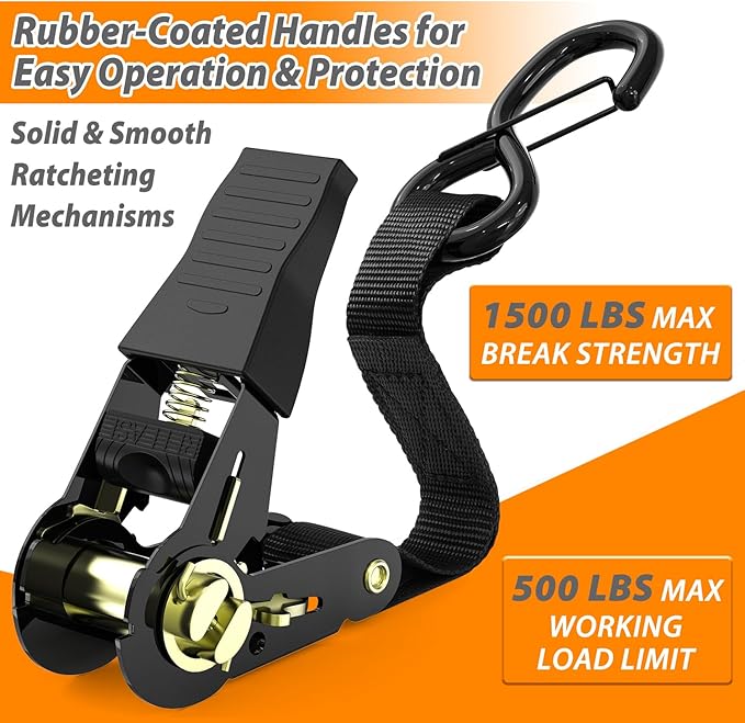 Ratchet Tie Down Straps with Safety Clip 4-Pack 1" x 15' & 4 Soft Loops - 500 lbs Load Cap 1500 lbs Breaking Limit, Ohuhu Ratchet Tie Downs Logistic Cargo Straps for Moving Appliances, Motorcycle