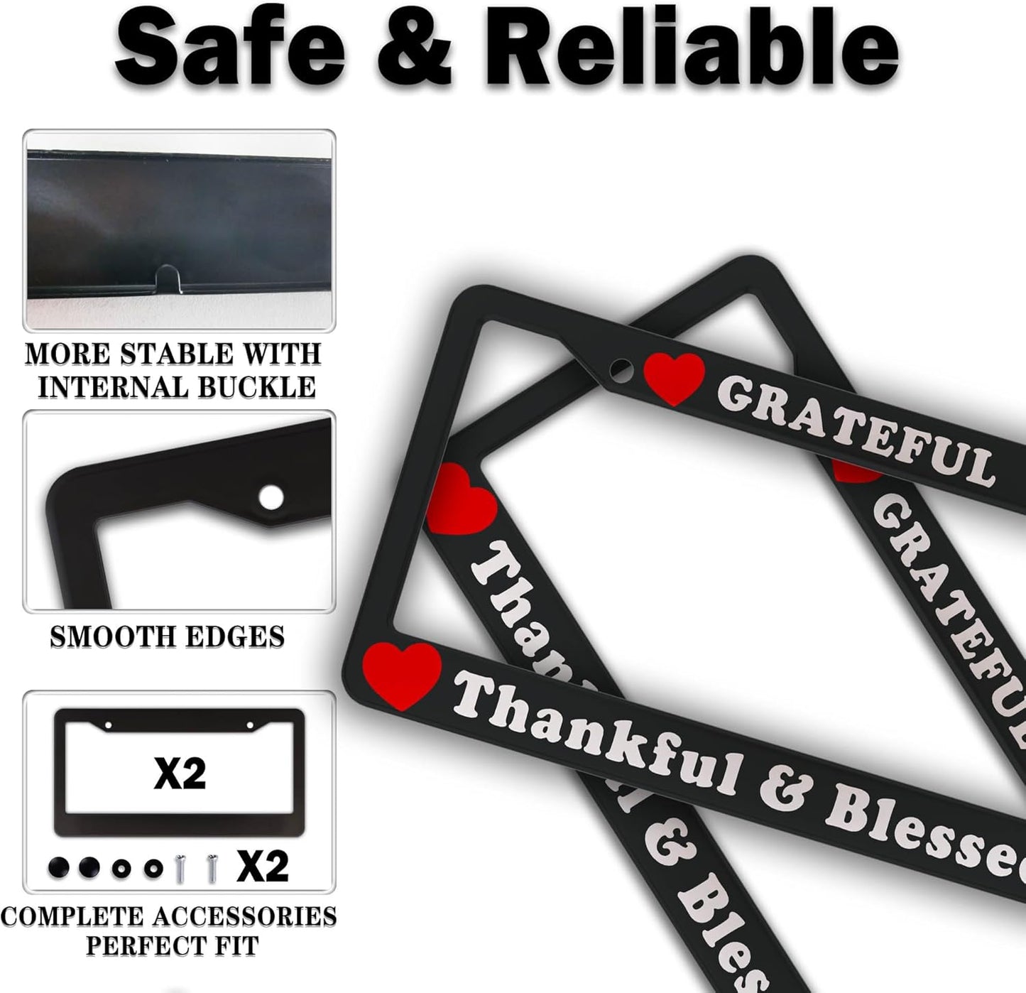 License Plate Frames Black, White, and Red License Plate Cover Grateful Thankful and Blessed Universal Aluminum Car Accessory 2 Pack with Screw Covers Set