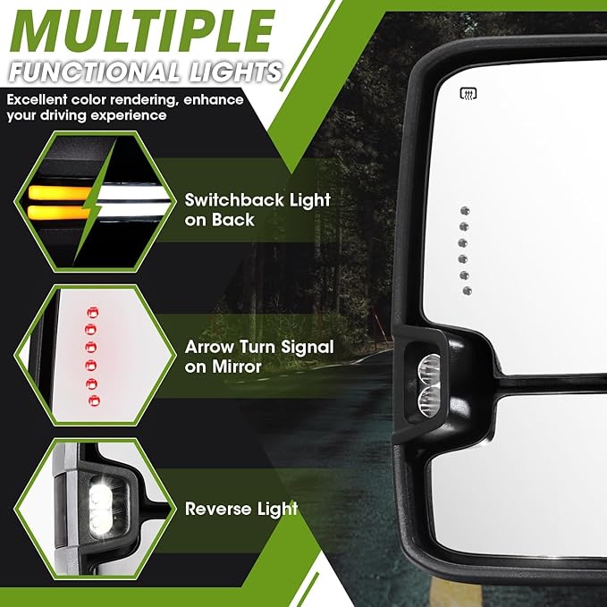 Towing Mirrors for Chevy Silverado/GMC Sierra 1500 (2014-2018), 2500HD/3500HD (2015-2019) Switchback Dynamic Turn Signal/Running Lights Power Heated (Chrome)