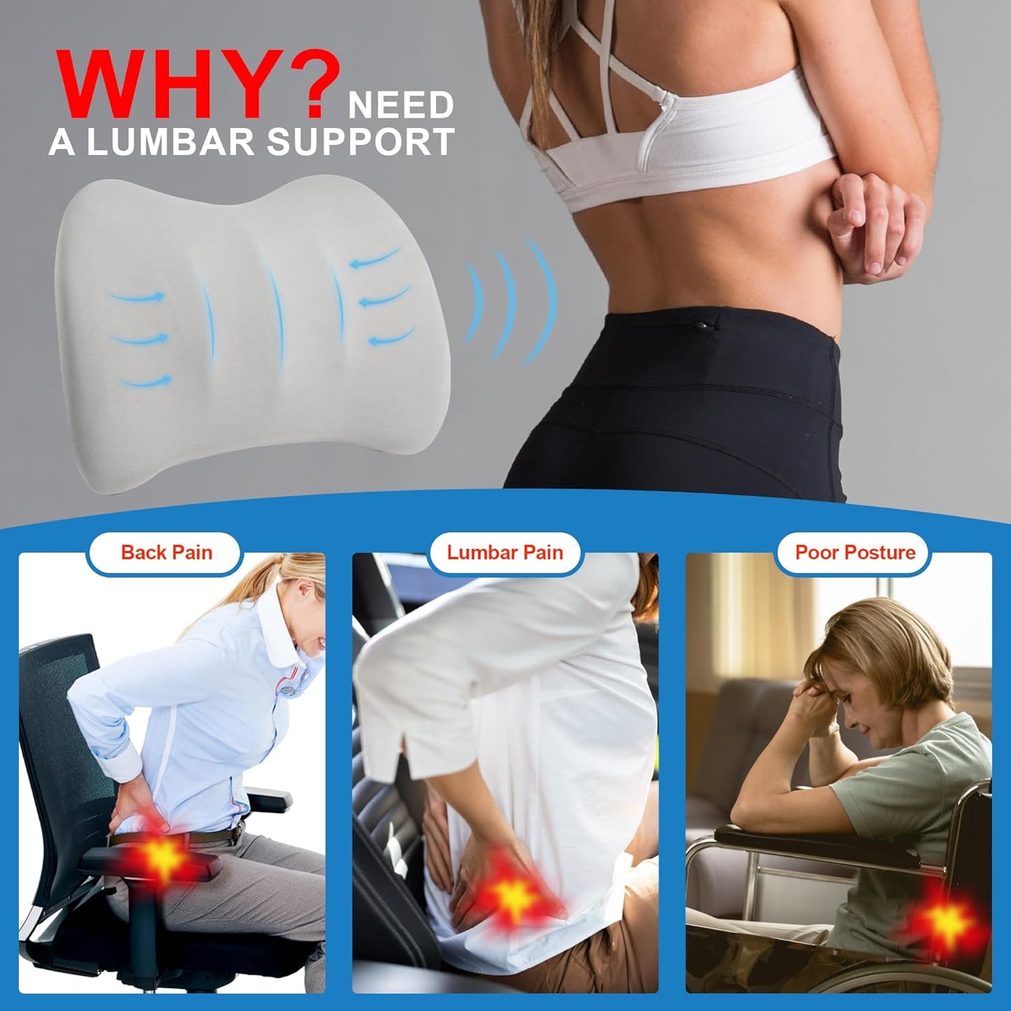 Lumbar Support Pillow for Car, Memory Foam Lumbar Pillow for Lower Back Pain Relief - Back Cushion for Driving, Chair Support for Car-Office Chair, Wheelchair - Matte Gray