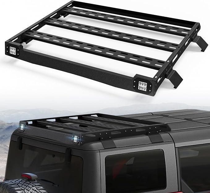Bronco Half Short Roof Rack Rear Cargo Basket with 2 Led Light Bar Compatible for 2021 2022 2023 2024 2025 Ford Bronco Hardtop 4-Door (Excluding Sport), Rooftop Storage Carrier Luggage Rack