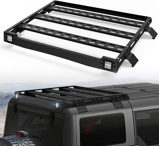 Bronco Half Short Roof Rack Rear Cargo Basket with 2 Led Light Bar Compatible for 2021 2022 2023 2024 2025 Ford Bronco Hardtop 4-Door (Excluding Sport), Rooftop Storage Carrier Luggage Rack