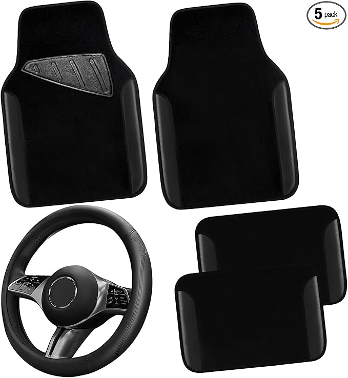 CAR PASS Microfiber Leather Steering Wheel Cover and Waterproof Car Floor Mats,Universal Car Combo Fit for 95% Sedan,SUV,Cars,14.5-15inch Anti-Slip Safety Comfortable Faux Leather Design(Solid Black)