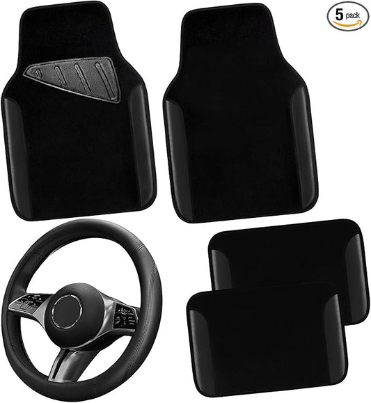 CAR PASS Microfiber Leather Steering Wheel Cover and Waterproof Car Floor Mats,Universal Car Combo Fit for 95% Sedan,SUV,Cars,14.5-15inch Anti-Slip Safety Comfortable Faux Leather Design(Solid Black)