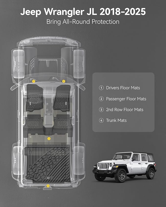 3W Floor Mats&Cargo Liner Compatible for Jeep Wrangler JL 2018-2024 2025 Unlimited 4-Door with Subwoofer (Non JK or 4XE) All-Weather TPE Floor Liner for 1st, 2nd Row and Trunk Full Set Car Mats,Black