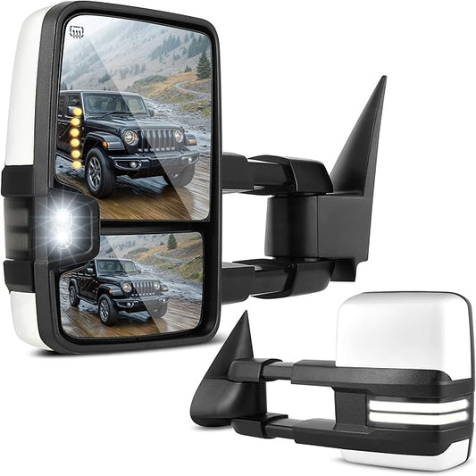DWVO Towing Mirrors Compatible with 03-06 Silverado Sierra 1500 2500 HD 3500 Escalade Suburban Tahoe Yukon, LED Turn Signal Light Running Lights Power Heated Manually Folding Switchback White