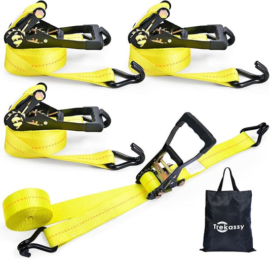 Trekassy 2" x 27' Heavy Duty Ratchet Straps (10,000 Lbs Break Strength), Tie Down Ratcheting with J-Hooks, Cargo Straps for Trucks, Trailers & Moving Appliances - 4 Pack