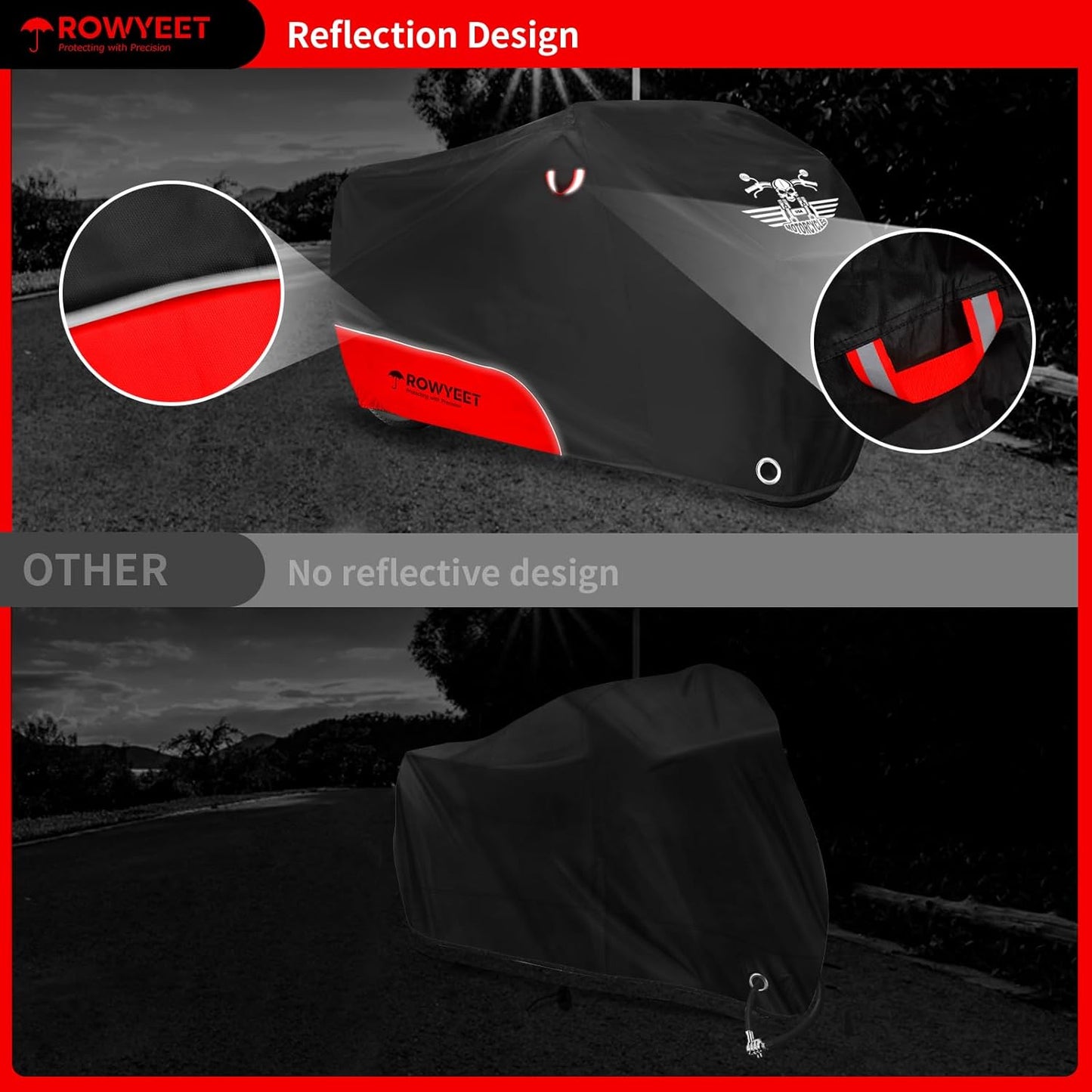Motorcycle Cover Waterproof Outdoor Storage with Lock-Holes, Storage Bag & Night Reflective Design, Heavy Duty Protection Powersports Vehicle Covers Fits up to 96.5"-116" (420D Red, 96.5")
