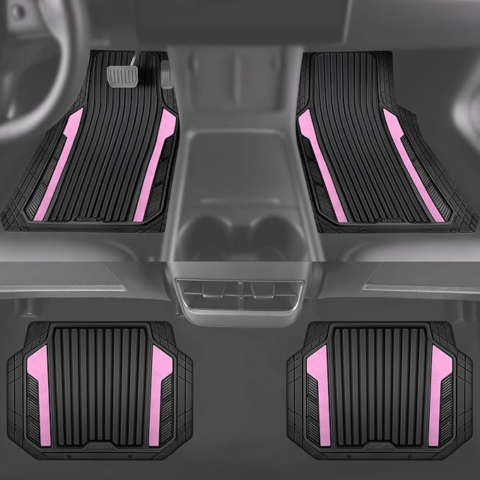 CAR PASS Heavy Duty Rubber Car Mats Metallic, Aluminum Film Cute All Weather Floor Mats Waterproof Universal Trim to Fit for SUV Sedan Van 4 Piece Deep Dish Two-Tone Sporty Black Light Pink Chrome
