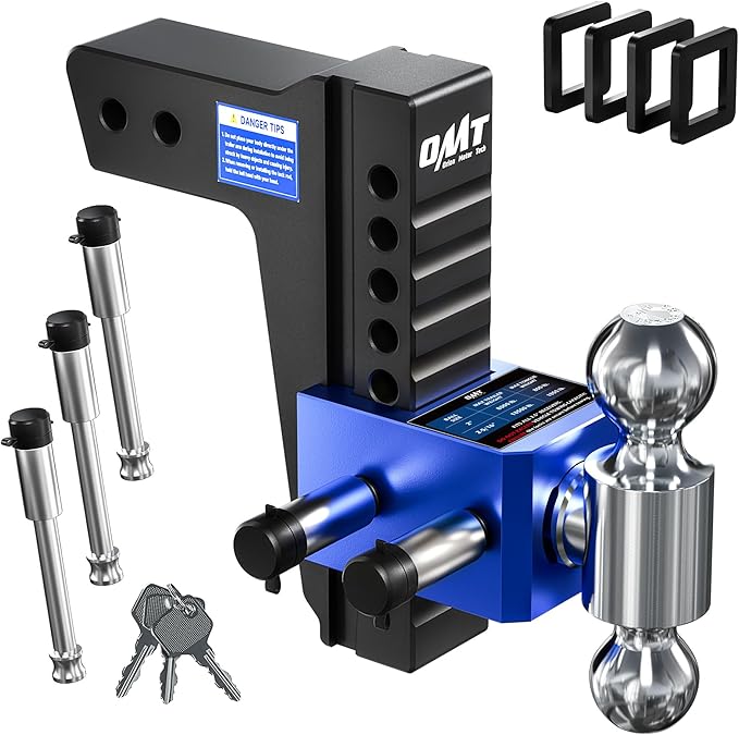 Orion Motor Tech Adjustable Trailer Hitch, Heavy Duty 2.5 inch Receiver Hitch, 8" Drop Hitch with 2" & 2-5/16" Balls, 360° Dual-Ball Mount with 18500lb Towing Capacity for Class IV & V Vehicles