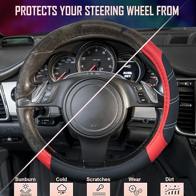 CAR PASS Line Rider Microfiber Leather Sporty Steering Wheel Cover Universal Fits for 95% Truck,SUV,Cars,14.5-15inch Anti-Slip Safety Comfortable Desgin (Black-Red)