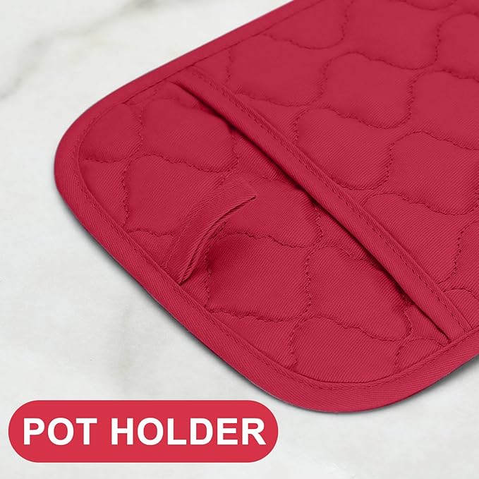 Oven Mitts Kitchen Towels and Dishcloths Pot Holders Sets, Oven Gloves Kitchen Dish Towels 500 Degree Heat Resistant Potholders with Non-Slip Silicone Surface for Cooking, Grilling, Baking-Red