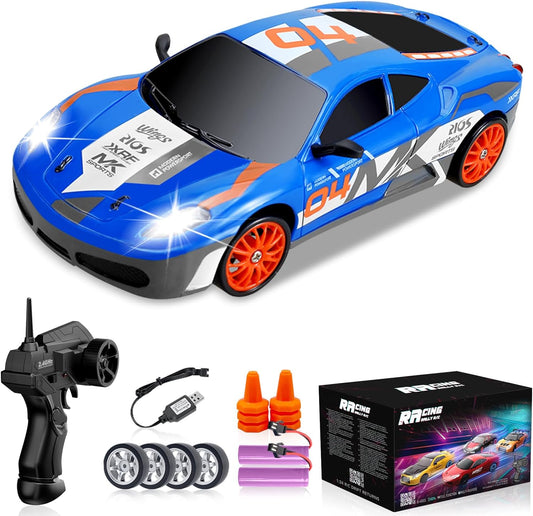 RC Drift Car 2.4GHz 1:24 Scale 4WD Remote Control Car 15KM/H High Speed Drifting RC Cars with Cool Lights, Two Batteries and Extra Tires Toys for Kids Boys Girls Adults, Blue