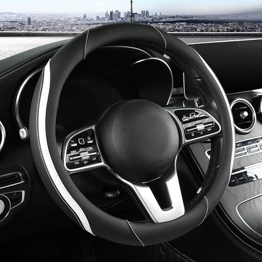 Car Steering Wheel Cover, Leather Steering Wheel Cover White Universal 14.5-15 Inch Microfiber Leather Anti-Slip Breathable Auto Steering Wheel Covers for Men Women(Black & White)