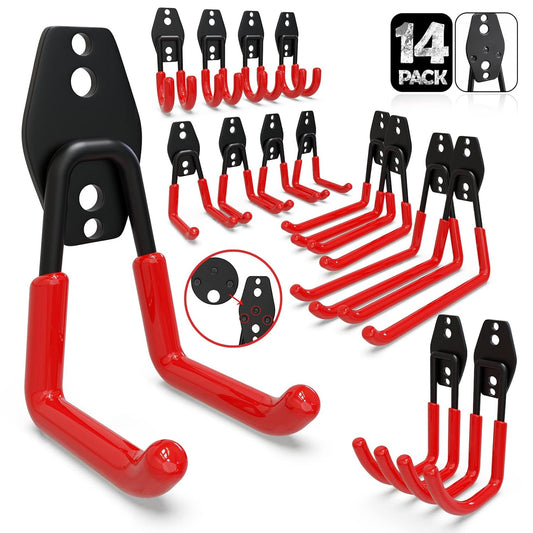 3-H Garage Wall Hooks 14 Pack,Garage Hooks Heavy Duty with Extra Welding Spots,Garage Hooks for Hanging,Garage Organizer for Garden,Lawn,Yard Tools,Chairs,Ladders,WeedEater,Shovel,Blower(Red)