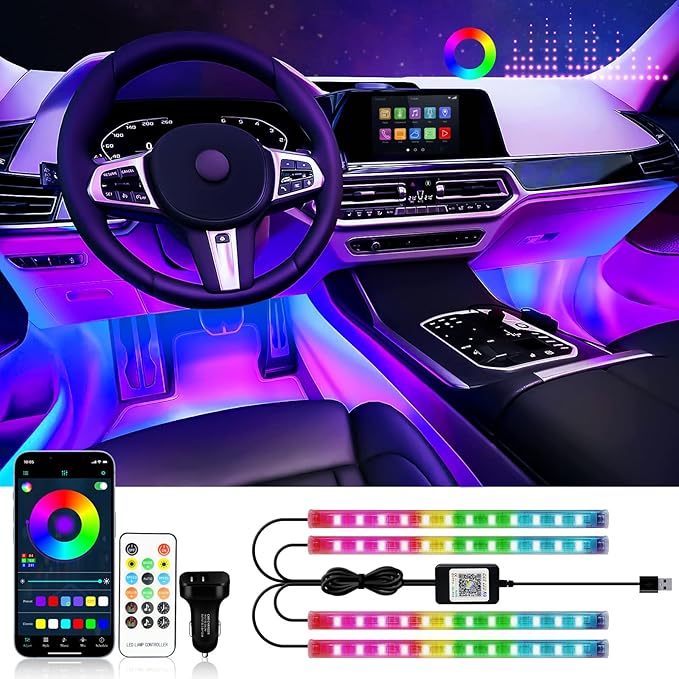 RGB Interior Car Strip Lights with Smart APP Control, Music Sync Under Dash Footwell Neon Internal Lighting Kit Multicolor,12V LED Strip Lights for Cars, Trucks, SUVs with Car Charger(1 Set)