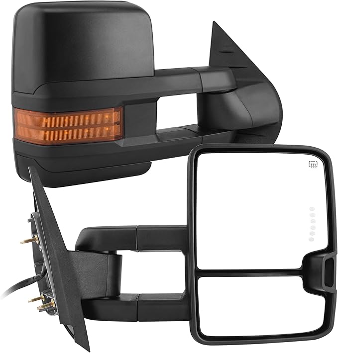 AUTOSAVER88 Towing Mirrors Compatible with 2007-2013 Chevy Silverado GMC Sierra 1500 2500HD 3500HD Extendable Power Heated Amber LED Turn Signal Manual Telescoping Folding Black Housing