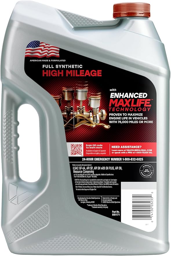 Valvoline Full Synthetic High Mileage with MaxLife Technology 5W-20 Motor Oil 5 Quart