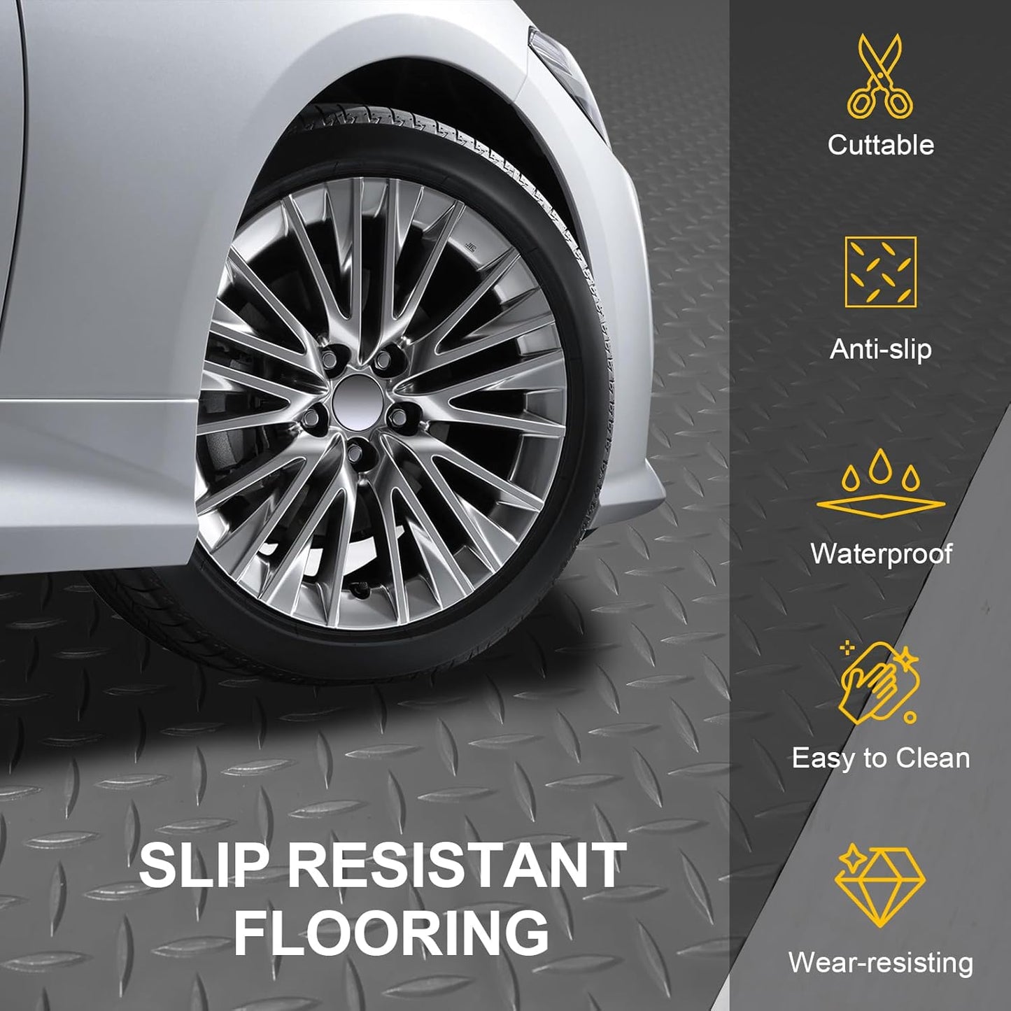 Garage Floor Mat 2.8mm Thickness PVC Garage Flooring Roll Diamond Plate Floor Mats for Garage, Workshop, Gym, Golf Cart Parking or Trailers (Grey, 7.5 x 17 FT)