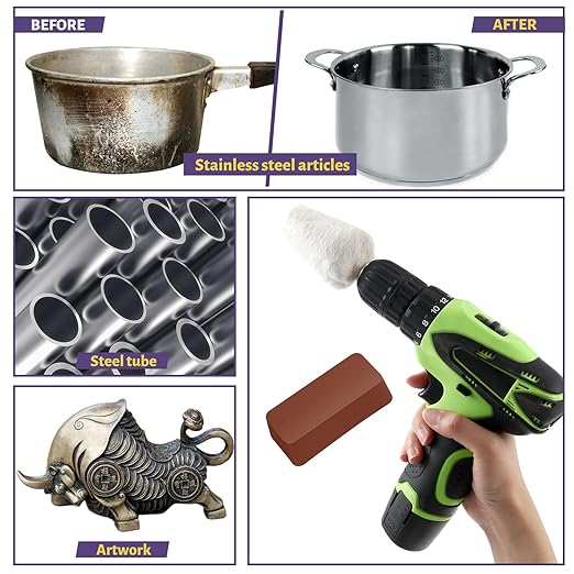 Liliful 12 Pcs 8" Airway Polishing Wheel Kit in Diameter 5/8", Metal Aluminum Buffing Wheel and Polishing Compound and Buffing Drill and Rake Pad for Angle Grinder Mirror Metal Finish(Dark Color)