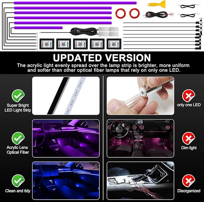 Acrylic Interior Car LED Strip Light with Wireless APP, Car Accessories 18 in 1 with 175 inches 593 LEDs Fiber Optic Ambient Lighting Kits, RGB Dynamic Music Sync Neon LED Strip Light for Car