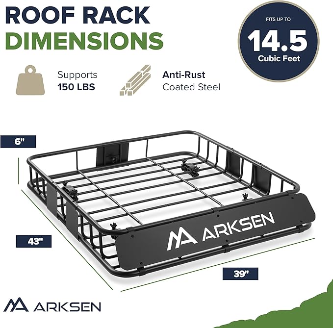 ARKSEN 43 x 39 x 6 Inch Universal 150LB Heavy Duty Roof Rack Cargo with 500D PVC Waterproof Cargo Bag, Car Top Luggage Holder Carrier Basket with Extension for SUV, Truck, & Car Steel Construction