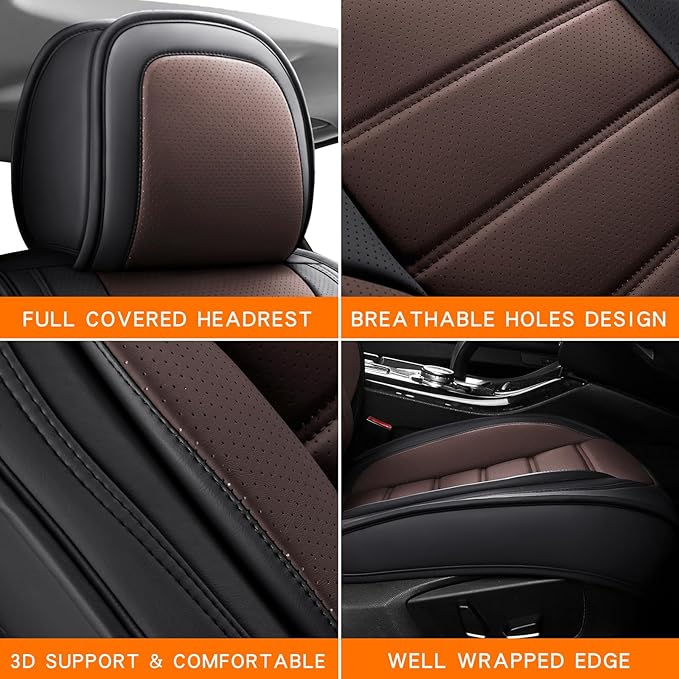 Car Seat Covers Full Set, Brown Car Seat Cover Lumbar Support, Car Seat Protector Waterproof, Nappa Leather Car Seat Cushion, Front Seats and Back Fit for Most Cars