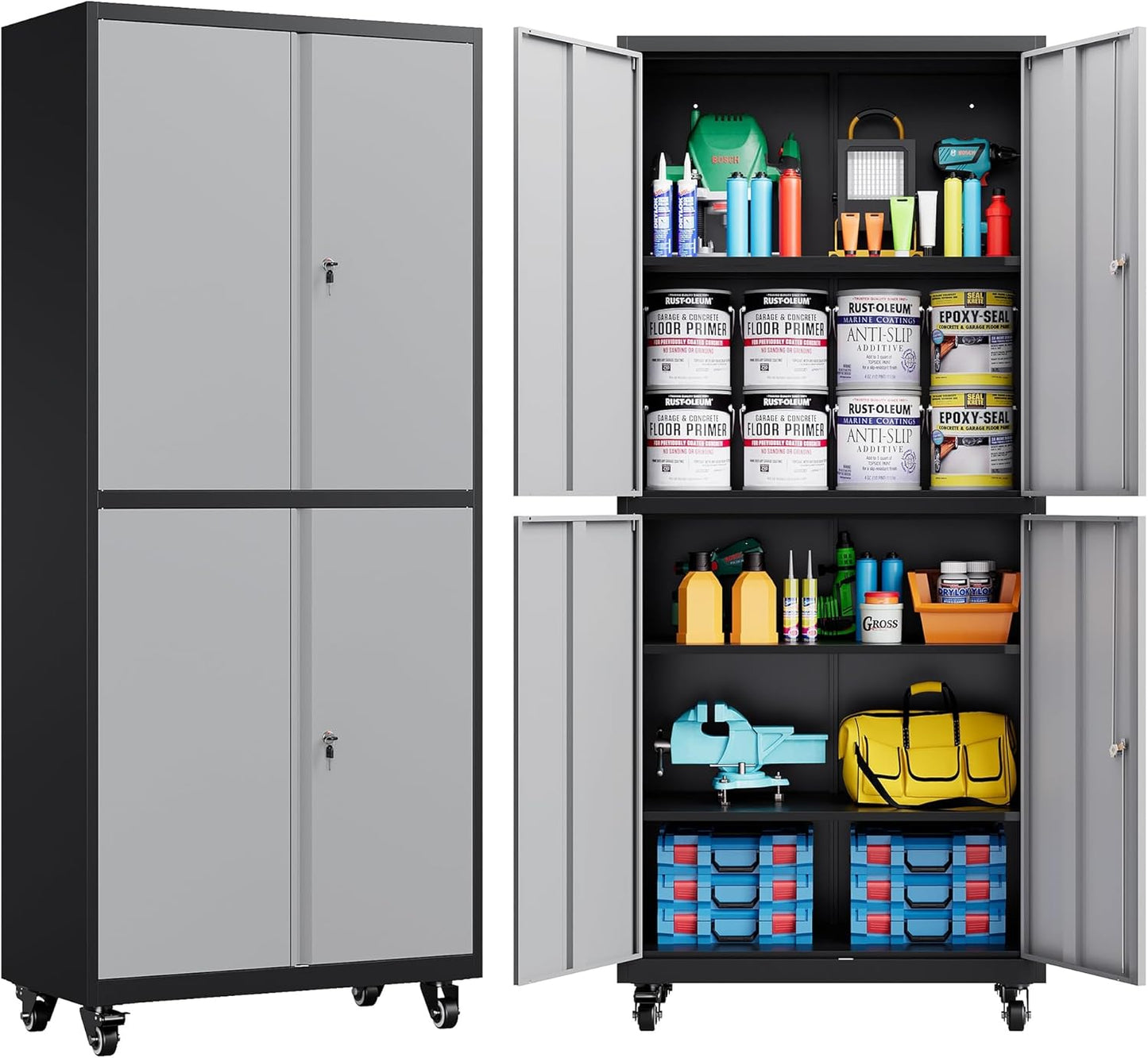 Metal Storage Cabinet with Wheels,Rolling Garage Storage Cabinet with Lock,Gray Lockable Metal Cabinets with Shelves,Tall Tool Cabinets on Wheels for Garage,Home,Office,Shop