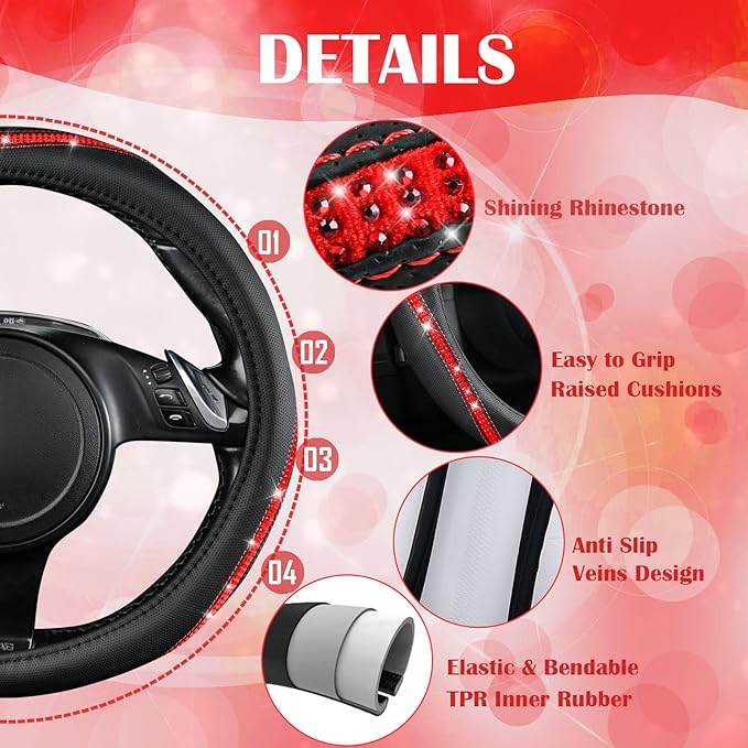 CAR PASS Bling Diamond Black Leather Steering Wheel Cover, Studded Crystal Rhinestones Universal Fit 14" 1/2-15" Glitter for Women Sparkle Girl Fit Suvs,Vans,Sedans,Car,Trucks, Red Diamond
