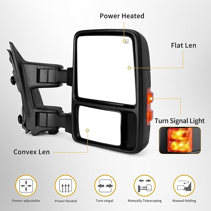 DWVO Towing Mirrors Fits 2008-2016 Ford F250/F350/F450/F550 Super Duty, Right Passenger Side Tow Mirror Power Heated, Telescoping, Folding, Turn Signal Lights