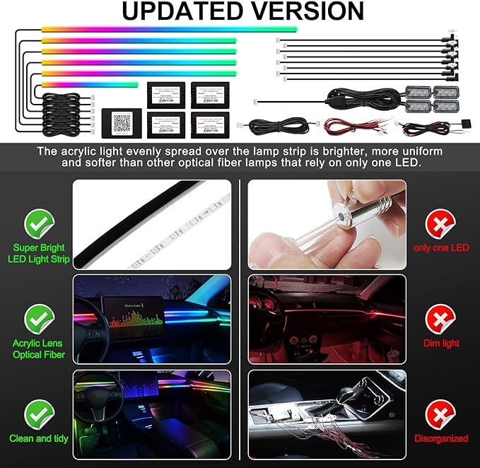 Dreamcolor Acrylic Interior Car LED Strip Light with Wireless APP, RGB 18 in 1 with 175 inches 593 LEDs Fiber Optic Ambient Lighting Kits, 16 Million Colors Sound Active Function Car Neon Lights