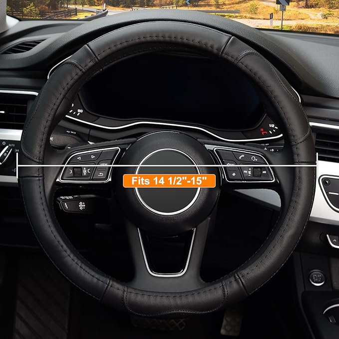 KAFEEK Steering Wheel Cover, Universal 15 inch, Microfiber Leather, Anti-Slip,Odorless, Black Lines