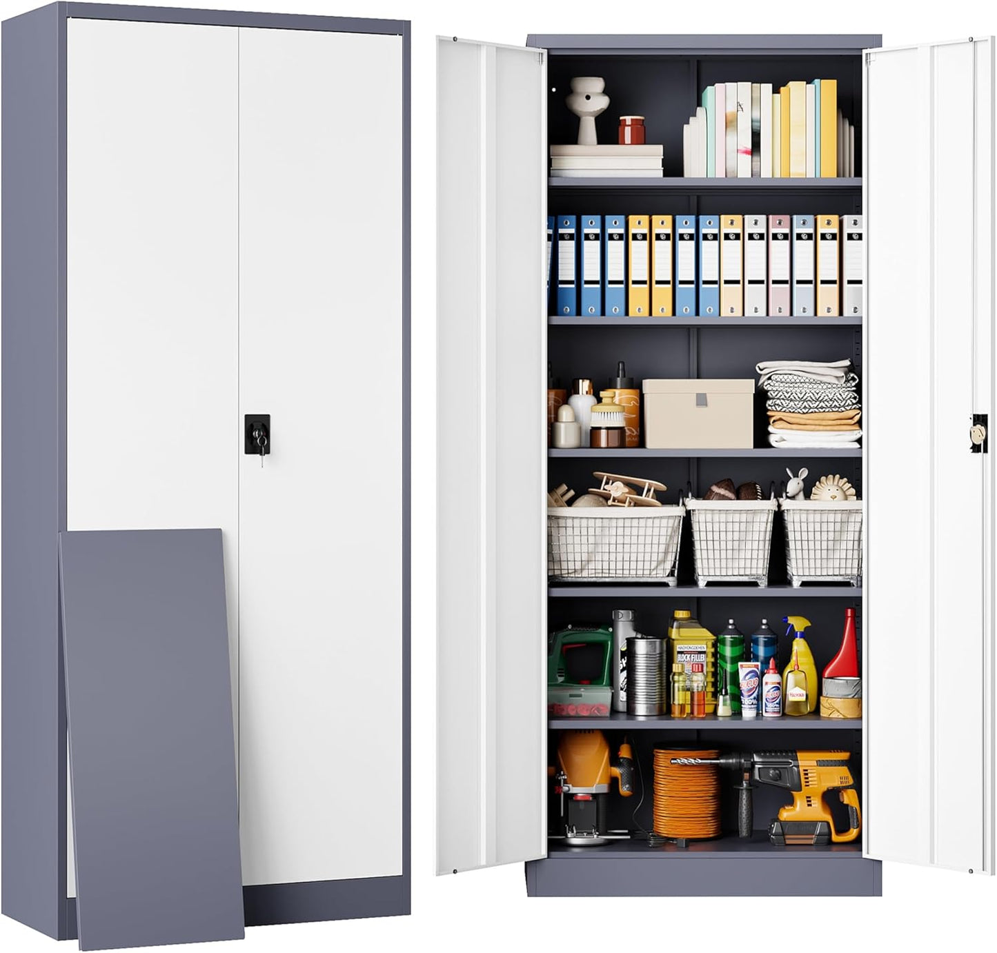 SISESOL Storage Cabinet with Doors and Shelves,71" Metal Storage Cabinet with Lock Door Adjustable Shelf, Steel Lockers for Office, Home,School,Kitchen,Garage Tool Utility Cabinet