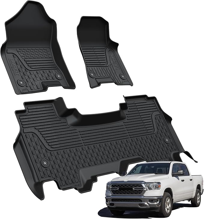 LASFIT Floor Mats for Ram 1500 Quad Cab 2019-2024 Bucket Seat Without 2nd Row Under seat Storage, All Weather TPE Custom Fit Car Mats Floor Liners 1st & 2nd Row, Black（ Not Fit 1500 Classic Model）