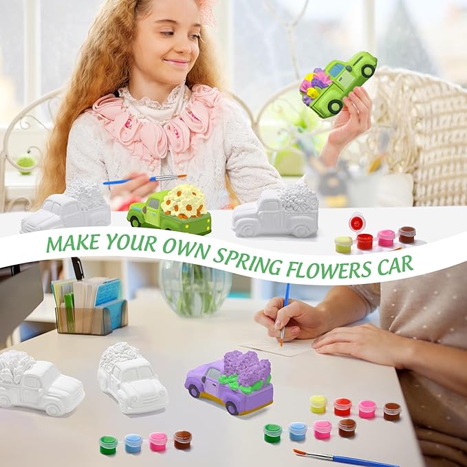 JellyArch 6 Set Spring DIY Painting Kit Ceramic 3D Ceramic Truck with Flowers to Paint Your Own Truck with Daisy Sunflower Tulip Statues Unpainted Plaster Craft with Brush Paint Bag for Adult