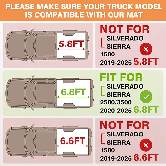 TripleAliners Truck Bed Mat Compatible with 2020-2025 2026 Chevy Silverado/GMC Sierra 2500 3500HD Accessories 6.8FT Liner All-Weather Protection TPE Heavy Duty Bed Mat(No for Factory 5th Wheel System)