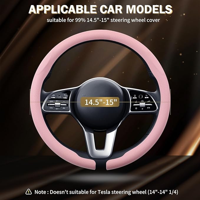 Aimato Nappa Leather Steering Wheel Cover, Ultra-Thin Car Steering Wheel Cover,Comfortable & Breathable Microfiber,Universal Fit for Most Cars,Pink