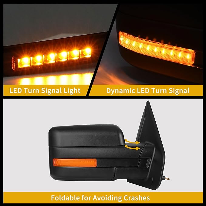 DWVO Tow Mirrors Compatible with 07-14 Ford F150 Power Heated Towing Mirror with Dual Turn Signal Light Puddle Light Black