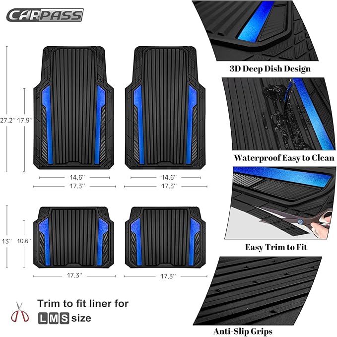 CAR PASS Heavy Duty Rubber Car Mats Metallic,Aluminum Film All Weather Floor Mats Waterproof Universal Trim to Fit Automotive SUV Sedan Van 4 Piece Anodized Deep Dish Two-Tone Sporty Black Blue Chrome