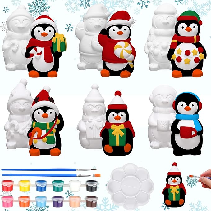 Eersida 6 Sets Christmas Penguin Ceramics to Paint Penguin Ready to Paint Your Own Ceramic Statues DIY Unpainted Ceramics Paintable Figurines Kit Crafts with Brush Palette
