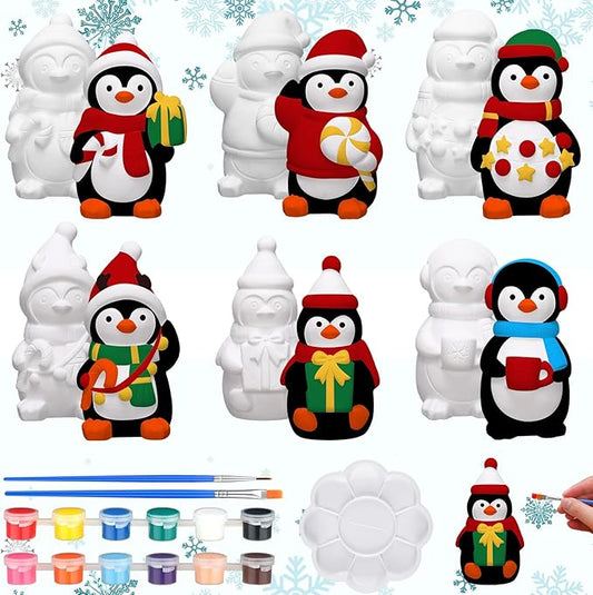 Eersida 6 Sets Christmas Penguin Ceramics to Paint Penguin Ready to Paint Your Own Ceramic Statues DIY Unpainted Ceramics Paintable Figurines Kit Crafts with Brush Palette