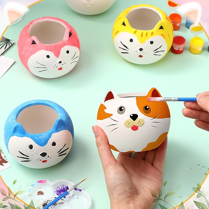Pasimy 6 Set DIY Ceramic Succulent Planter Pots Paint Your Own Flower Pots Craft Kit Unpainted Bisque Paintable Flowerpot with Brush Palette Ready to Paint for Family Activity Gift(Cat)