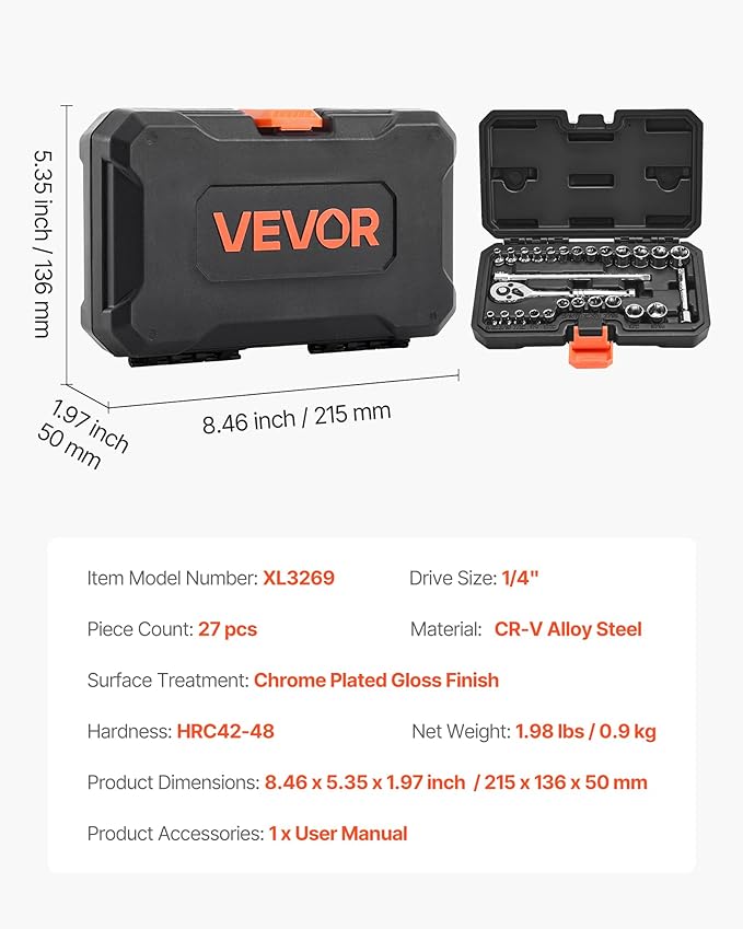 VEVOR Socket Set, 27 Pieces, 1/4 inch Drive Socket and Ratchet Set, SAE and Metric, Mechanic Tool Kit with Ratchet Wrench, Extension Bar and Storage Case, CR-V Alloy Steel, for Automotive Repair