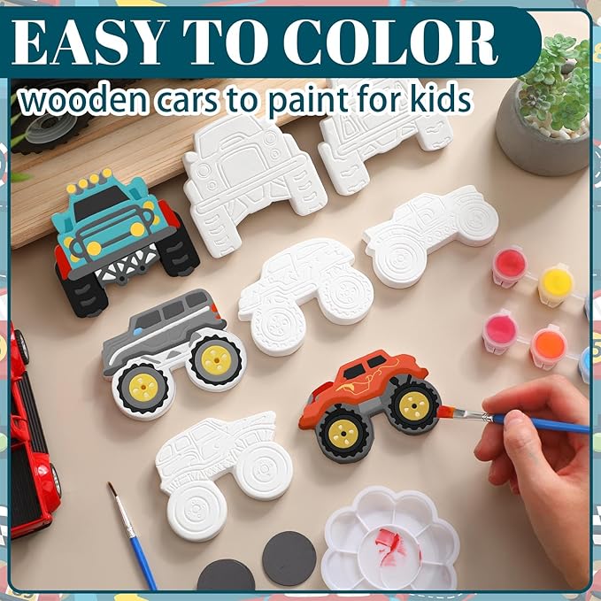 Simgoing 24 Pcs Ready to Paint Ceramic Monster Truck Ornaments Unpainted DIY Ceramic Painting Kit with 24 Acrylic Paints 4 Paint Brushes 2 Palettes for Kids Paintable Figurines for Adults Crafts