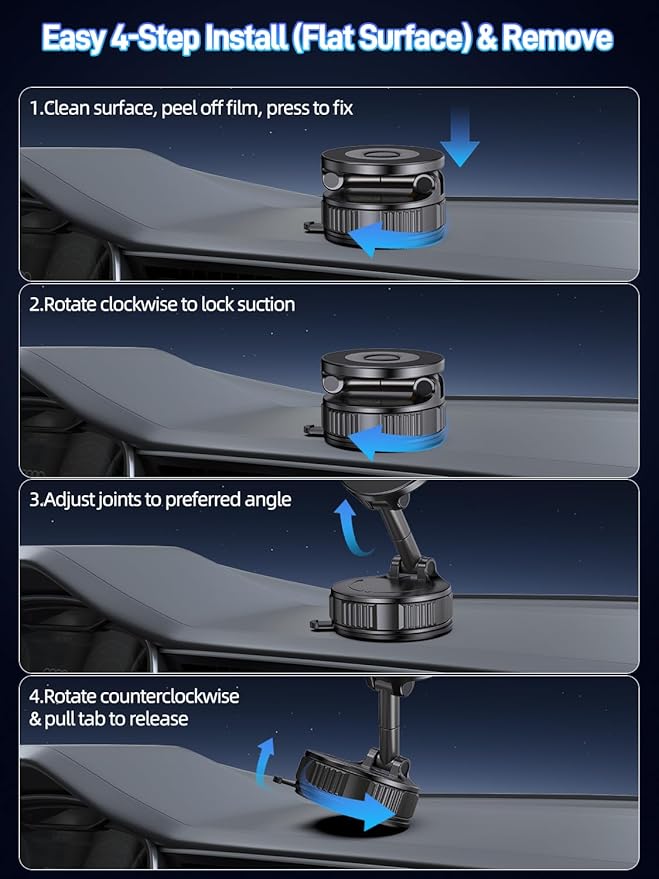 Light Face Nano Gel Vacuum Magnetic Phone Holder, 360° Adjustable Dashboard Hands-Free Suction Cup Phone Mount for Car/Gym/Mirror/Smooth Surface, Compatible with iPhone and Android (Black)