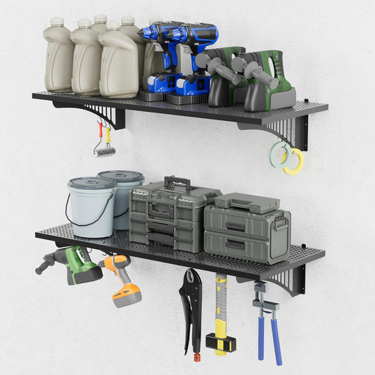 YOLENY 2-Pack 1.64x4FT Adjustable Heavy Duty Garage Wall Shelving, 500lbs Load Capacity Wall Mount Storage Shelf, Garage Storage Rack with Hooks, Metal Floating Shelves Organizer for Workshop