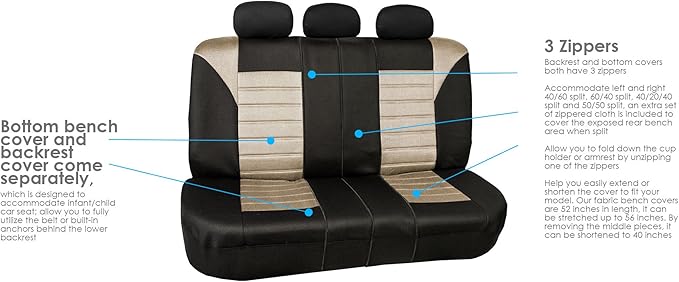 FH Group Automotive Car Seat Covers Full Set Premium 3D Air Mesh Front Seat Covers, Airbag Compatible & Split Bench Cover Universal Fit Interior Accessories for Cars Trucks and SUVs - Beige