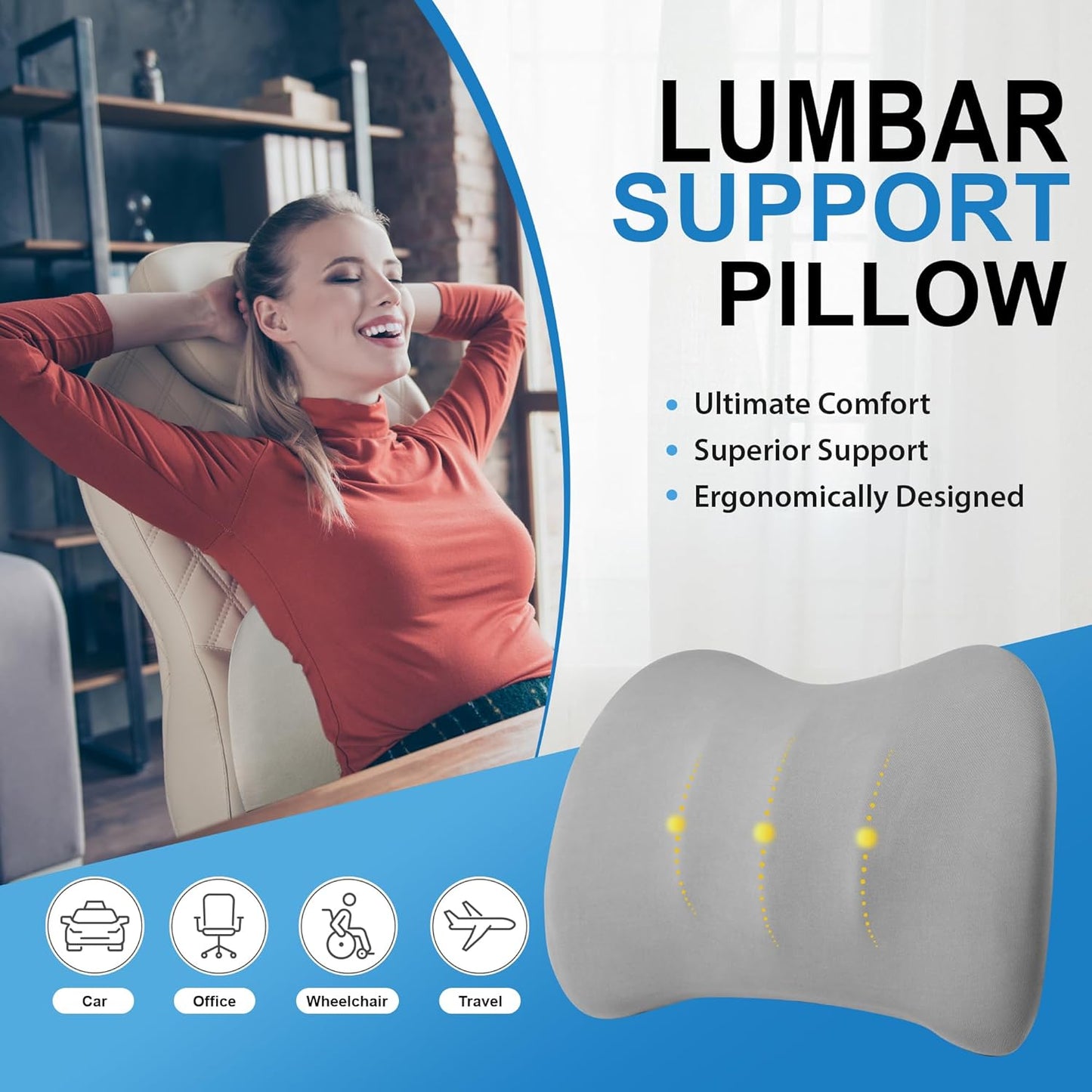 Lumbar Support Pillow for Car, Memory Foam Lumbar Pillow for Lower Back Pain Relief - Back Cushion for Driving, Chair Support for Car-Office Chair, Wheelchair - Matte Gray