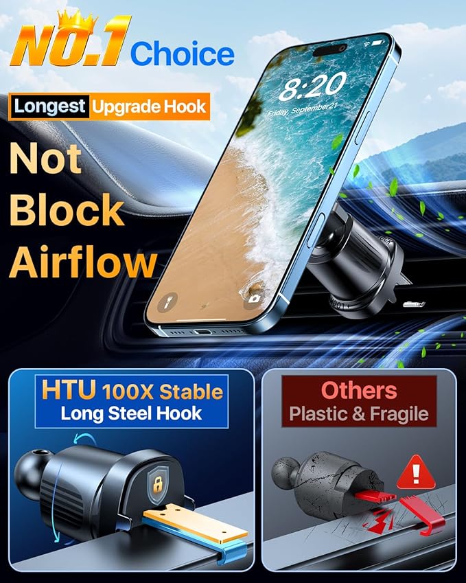 HTU for MagSafe Car Phone Mount Magnetic Phone Holder for Windshield Vent Dashboard Magnetic Suction Phone Mount for iPhone 16/15/14/13/12 & Android (Black)